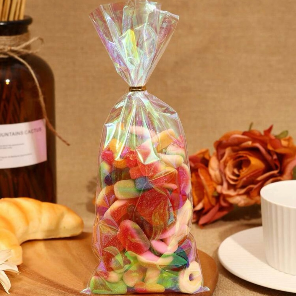 50pcs HOLOGRAPHIC IRIDESCENT CELLOPHANE GIFT PLASTIC BAGS WITH TWIST TIES